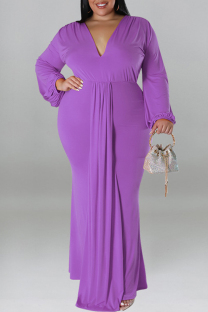 Purple Casual Solid Color Patchwork Ruched V Neck Long Plus Size Dresses