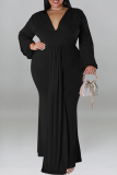 Green Casual Solid Color Patchwork Ruched V Neck Long Plus Size Dresses