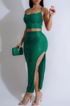 Green Sexy Solid Color Sequins Patchwork Backless High Slit Spaghetti Strap Two Pieces