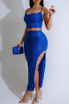 Blue Sexy Solid Color Sequins Patchwork Backless High Slit Spaghetti Strap Two Pieces