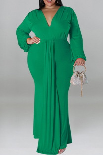 Green Casual Solid Color Patchwork Ruched V Neck Long Plus Size Dresses