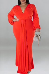 Tangerine Red Casual Solid Color Patchwork Ruched V Neck Long Plus Size Dresses