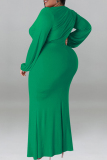 Green Casual Solid Color Patchwork Ruched V Neck Long Plus Size Dresses