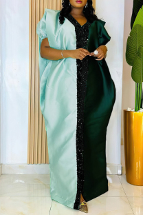 Green Casual Patchwork Sequins Contrast V Neck Long Plus Size Dresses