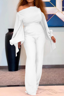 White Casual Solid Color Patchwork Strap Design Oblique Collar Bodycon Jumpsuits