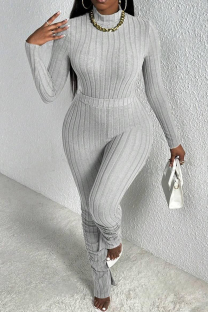 Silver Gray Casual Solid Color Slit Ruched Turtleneck Long Sleeve Two Pieces