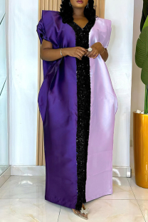 Purple Casual Patchwork Sequins Contrast V Neck Long Plus Size Dresses
