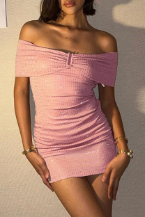 Pink Celebrities Solid Color Patchwork Backless Sequined Off Shoulder Wrapped Skirt Dresses