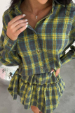 Yellow Casual Plaid Buckle Patchwork Turndown Collar Long Sleeve Two Pieces