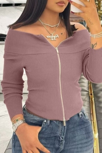 Pink Casual Solid Color Zipper Off Shoulder Tops