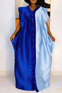 Blue Casual Patchwork Sequins Contrast V Neck Long Plus Size Dresses