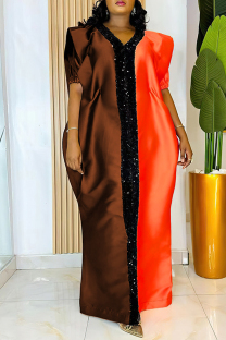 Orange Casual Patchwork Sequins Contrast V Neck Long Plus Size Dresses