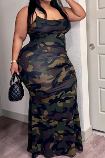 Camouflage Casual Camouflage Print Patchwork Spaghetti Strap Sling Plus Size Dresses