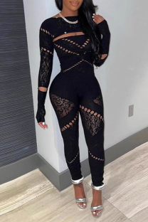 Black Sexy Solid Color Hollow Out Patchwork O Neck Skinny Jumpsuits
