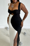 Black White Sexy Hollow Out Patchwork Contrast Long Dresses