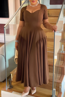 Coffee Elegant Solid Color Patchwork Asymmetrical Collar Long Dresses