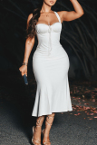 Black Elegant Solid Color Patchwork Backless Sling Dresses