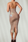 Apricot Sexy Solid Color Backless Slit Hot Drill Spaghetti Strap Long Dresses