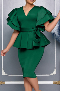 Green Elegant Solid Color Slit Strap Design Ruffled Trim V Neck Evening Dresses