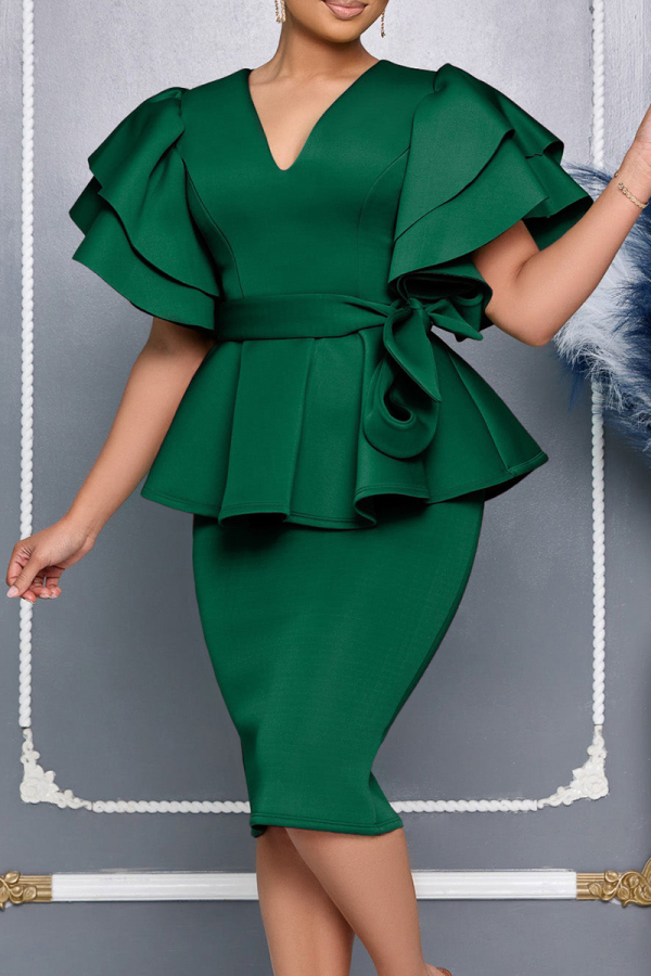 Green Elegant Solid Color Slit Strap Design Ruffled Trim V Neck Evening Dresses