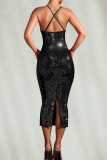 Apricot Sexy Solid Color Backless Slit Hot Drill Spaghetti Strap Long Dresses