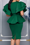 Green Elegant Solid Color Slit Strap Design Ruffled Trim V Neck Evening Dresses