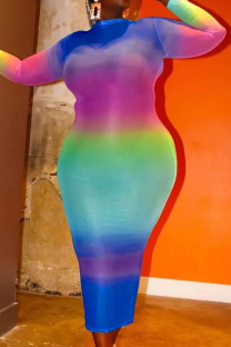 Colour Casual Gradient Color Patchwork Zipper O Neck Long Plus Size Dresses