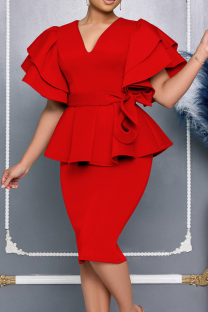 Red Elegant Solid Color Slit Strap Design Ruffled Trim V Neck Evening Dresses