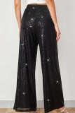 Black Casual Solid Color Sequins Patchwork Loose Mid Waist Wide Leg Patchwork Bottoms