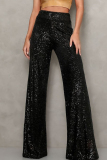 Black Casual Solid Color Sequins Patchwork Loose Mid Waist Wide Leg Patchwork Bottoms