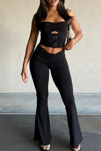 Black Casual Solid Color Lace Hollow Out Backless Halter Two Pieces