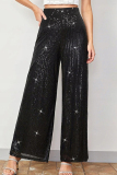 Black Casual Solid Color Sequins Patchwork Loose Mid Waist Wide Leg Patchwork Bottoms