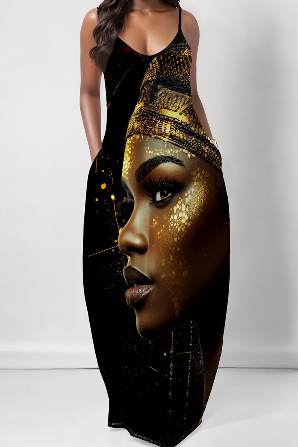 Black Gold Casual Print Pocket Patchwork Spaghetti Strap Sling Dresses