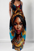Baby Blue Casual Print Pocket Patchwork Spaghetti Strap Sling Dresses