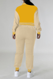 Yellow Casual Pocket Buckle Patchwork Contrast O Neck Long Sleeve Two Pieces