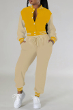 Yellow Casual Pocket Buckle Patchwork Contrast O Neck Long Sleeve Two Pieces