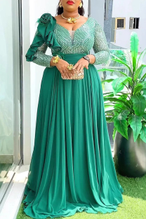 Green Elegant Solid Color Patchwork Ruched Flower Shape V Neck Long Plus Size Dresses