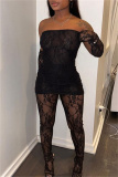 Black Sexy Solid See-through Backless Strapless Long Sleeve Two Pieces (With Sleeves)