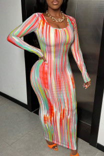 Red Green Casual Striped Print Basic U Neck Long Sleeve Dresses