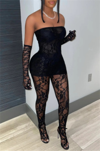 Black Sexy Solid See-through Backless Strapless Long Sleeve Two Pieces (With Sleeves)
