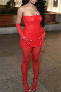 Red Sexy Solid See-through Backless Strapless Long Sleeve Two Pieces (With Sleeves)
