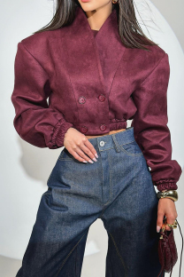 Burgundy Casual Solid Color Buttons Patchwork V Neck Outerwear