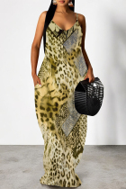 Dark Khaki Sexy Floral Print Leopard Pocket Contrast V Neck Printed Dresses