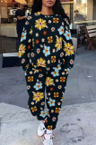 White Green Casual Street Floral Print Leopard Draw String Pocket O Neck Long Sleeve Two Pieces