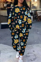 Black Casual Street Floral Print Leopard Draw String Pocket O Neck Long Sleeve Two Pieces
