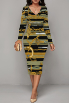 Dark Khaki Casual Geometric Print Chain print Contrast V Neck Printed Dresses