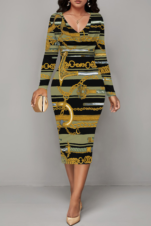 Dark Khaki Casual Geometric Print Chain print Contrast V Neck Printed Dresses