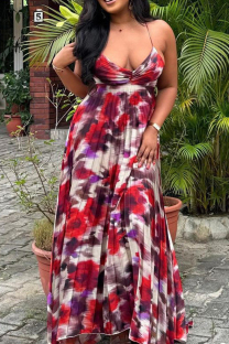 Red Elegant Print Patchwork Backless Spaghetti Strap Sling Dresses