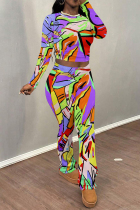 Green Purple Street Geometric Print Flowers Leopard Contrast O Neck Long Sleeve Two Pieces
