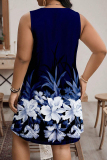 Tibetan Blue Casual Print Patchwork O Neck Long Plus Size Dresses